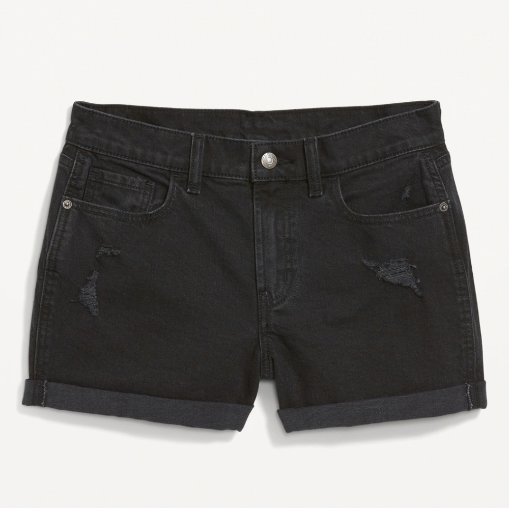 2/$25 Mid-Rise Black-Wash Ripped Boyfriend Jean Shorts with 3-inch inseam